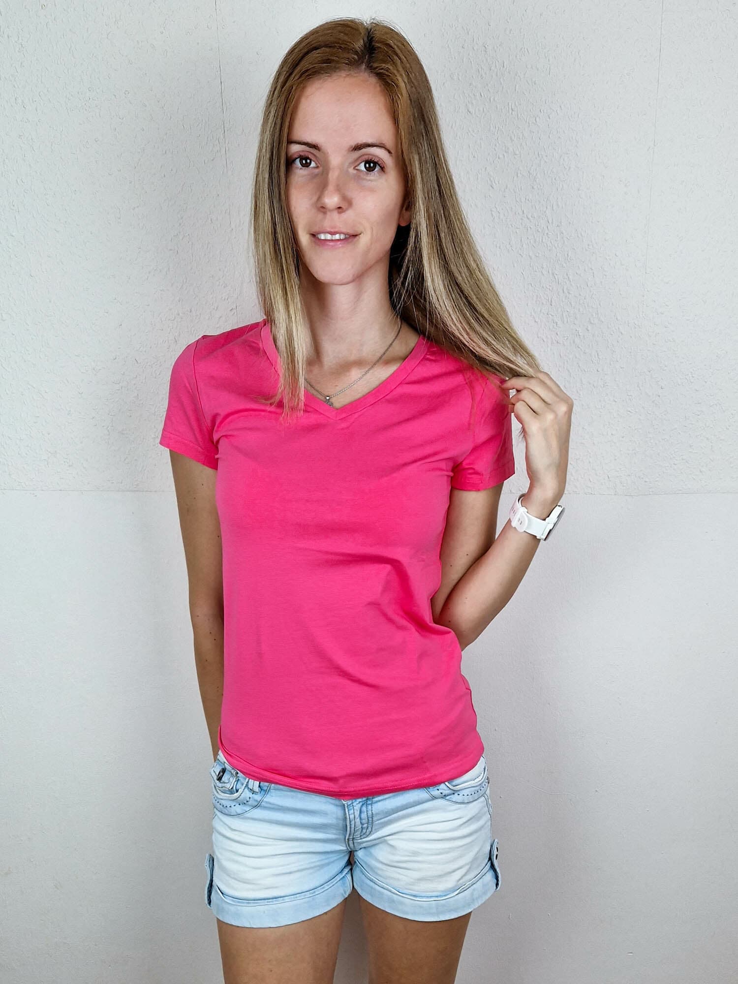 Lilla pink basic V nyakú pamut rövid ujjú felső