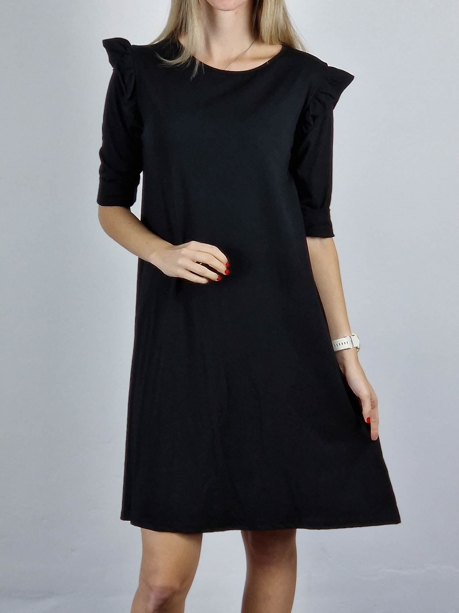 Lotti fekete fodros vállú pamut ruha háromnegyedes ujjal