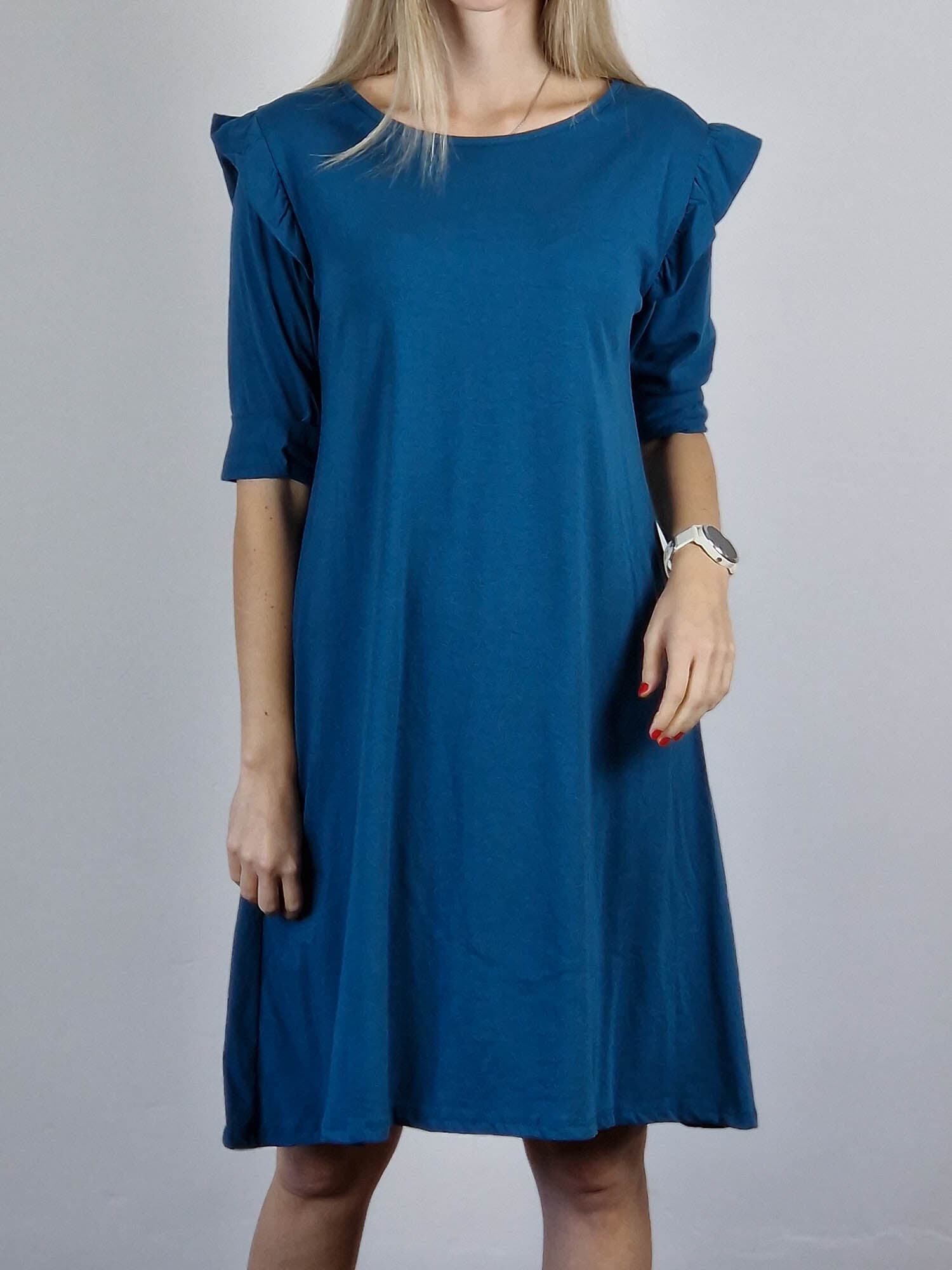 Lotti petrolkék fodros vállú pamut ruha háromnegyedes ujjal