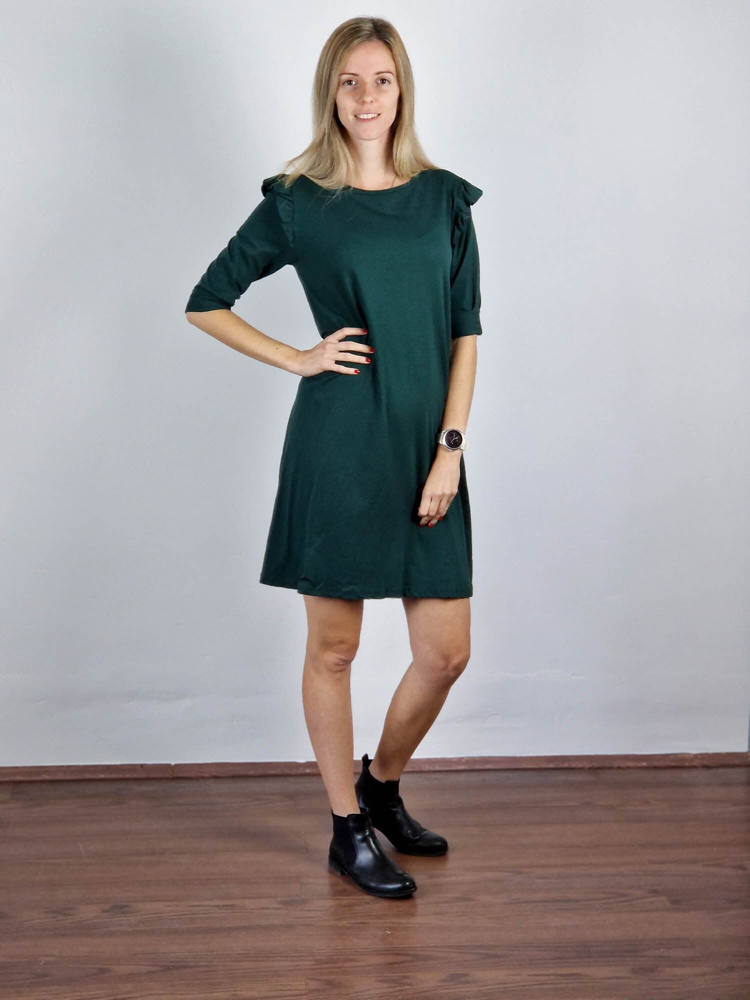 Lotti sötétzöld fodros vállú pamut ruha háromnegyedes ujjal