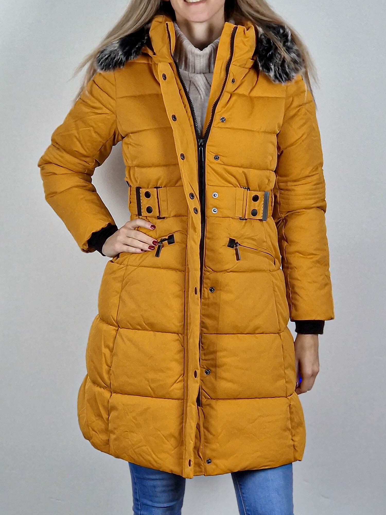 Petra karcsúsított bélelt mustársárga téli kabát 44