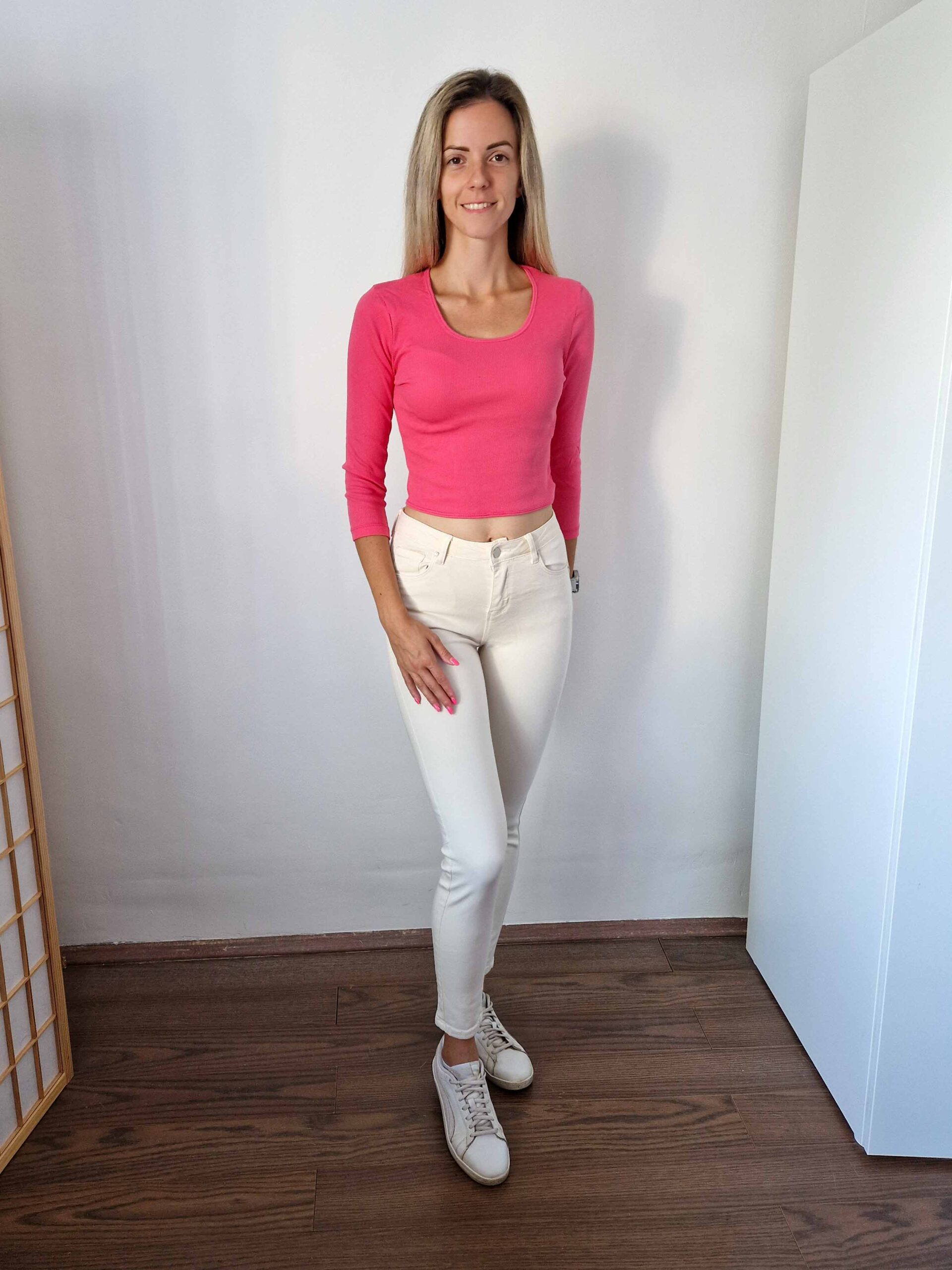 Alisha rózsaszín pamut crop felső bordázott anyagból – háromnegyedes ujjú