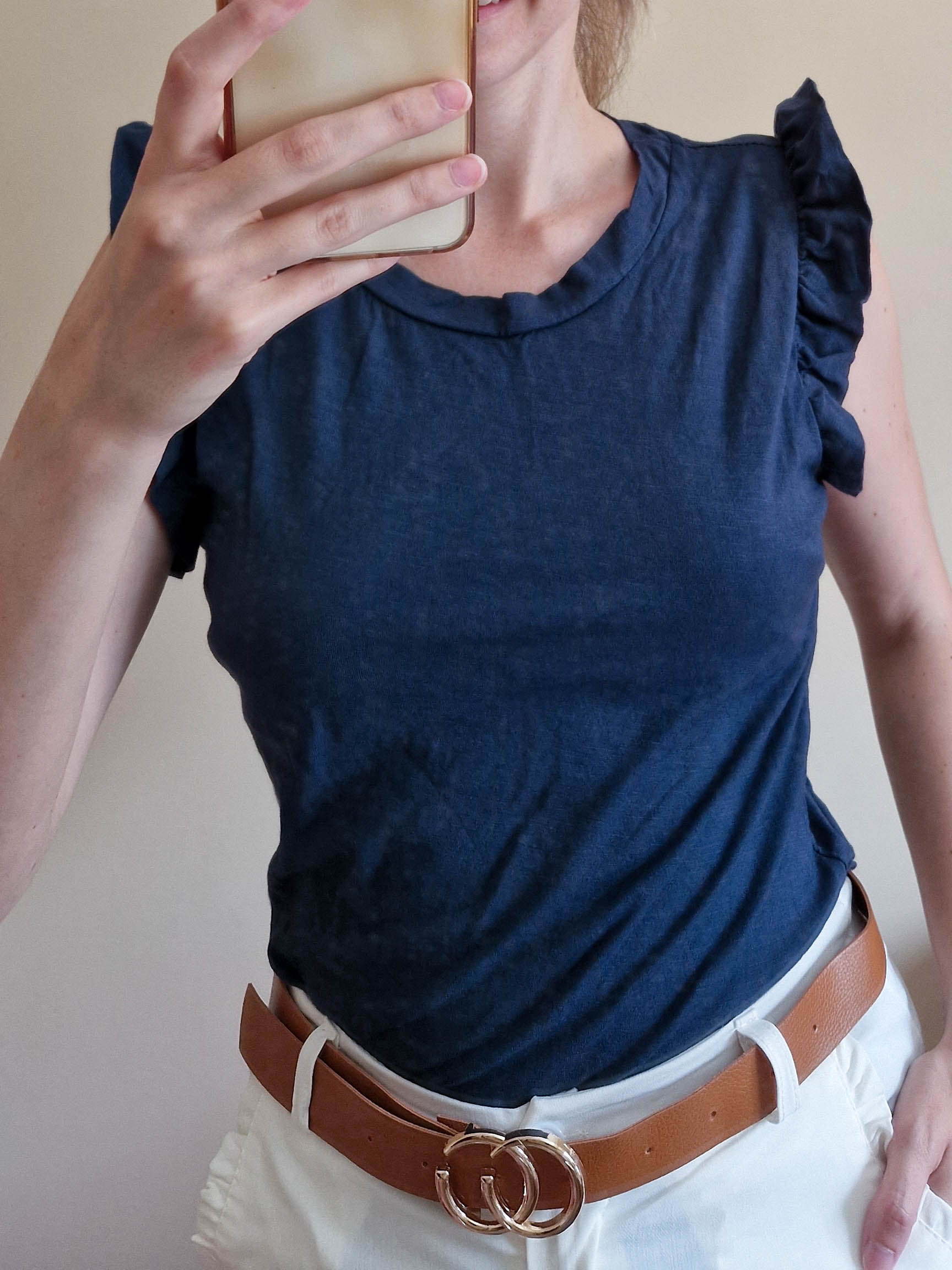 Viola sötétkék fodros vállú pamut felső