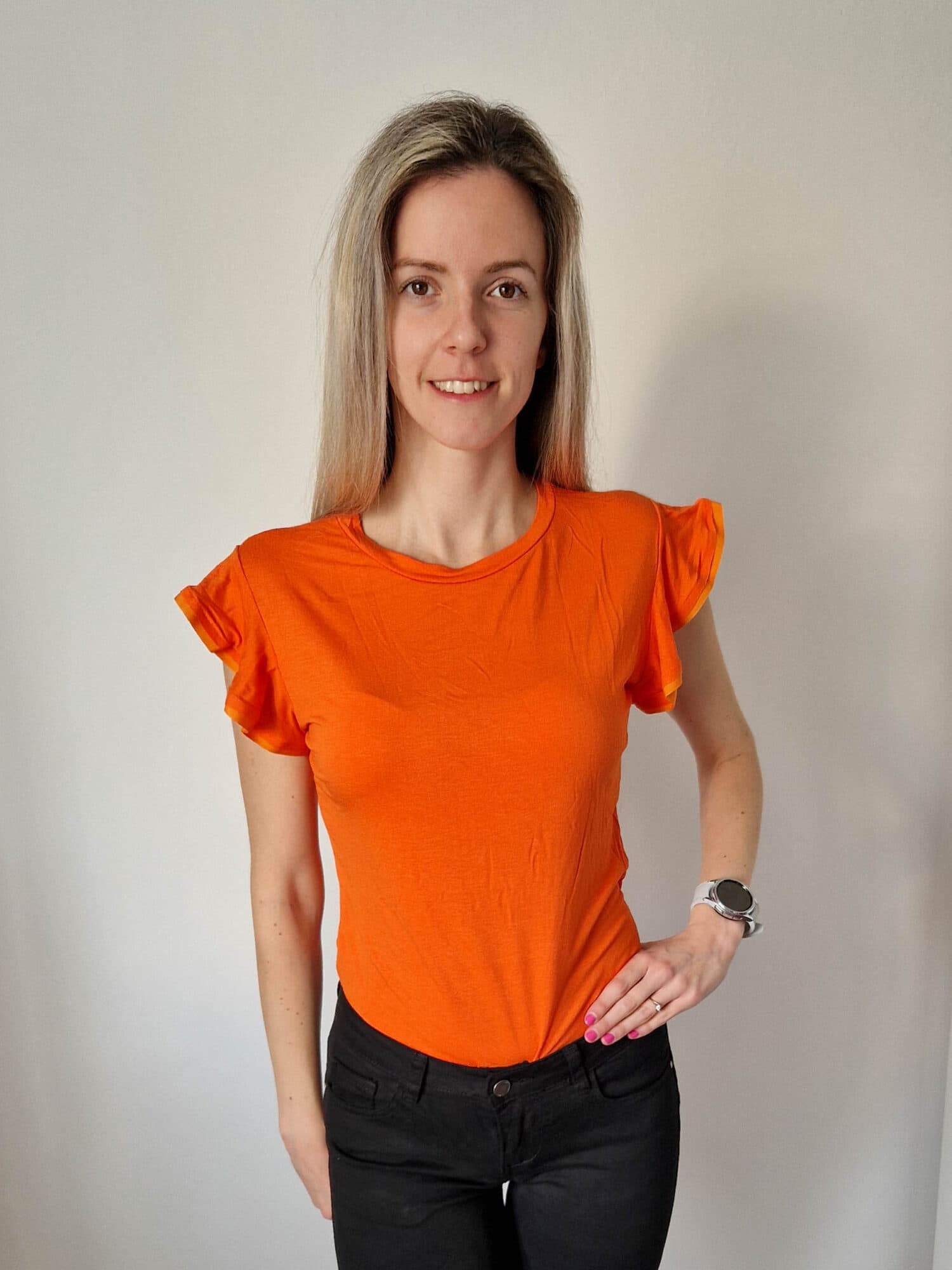 Vali narancssárga fodros vállú viszkóz felső