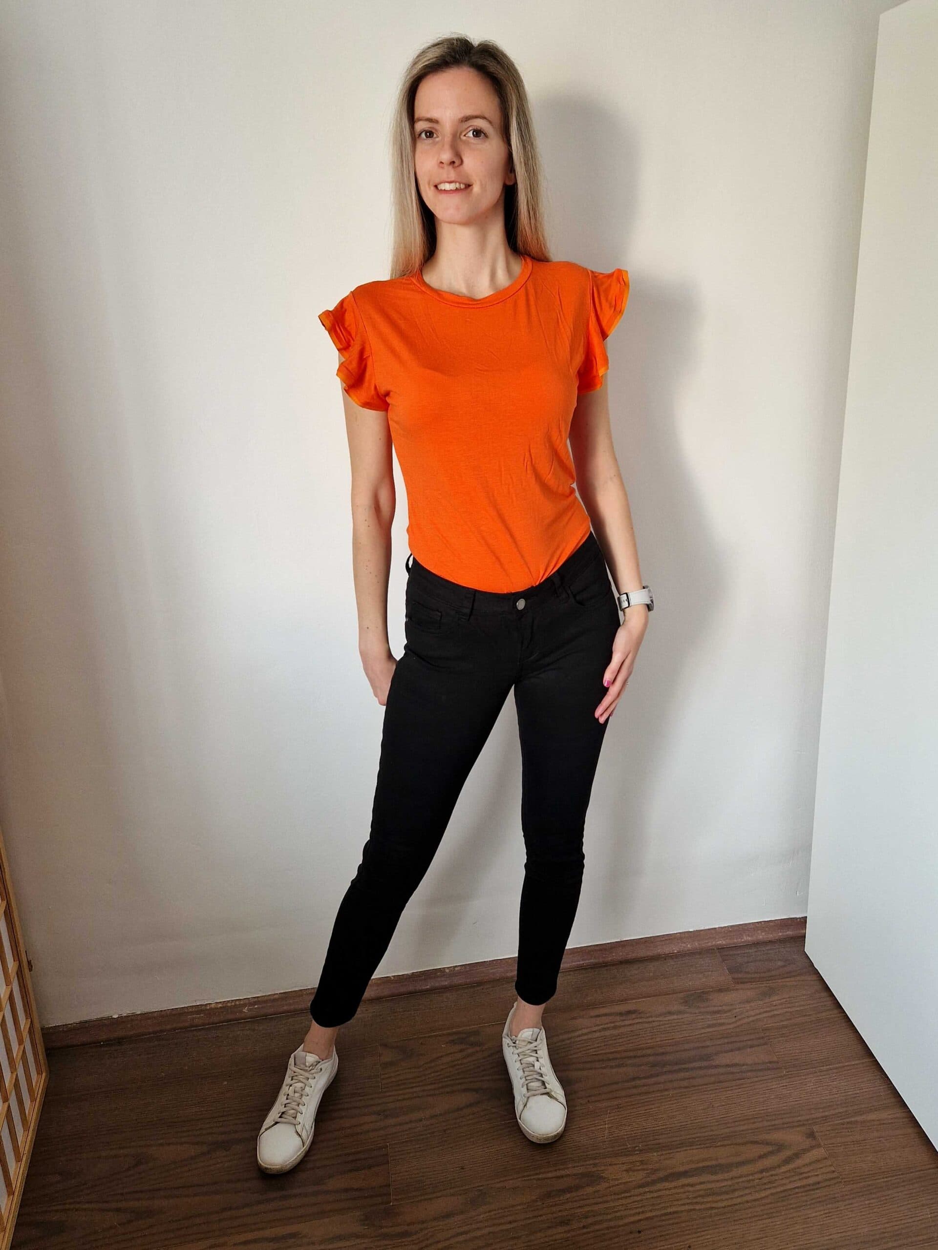 Vali narancssárga fodros vállú viszkóz felső