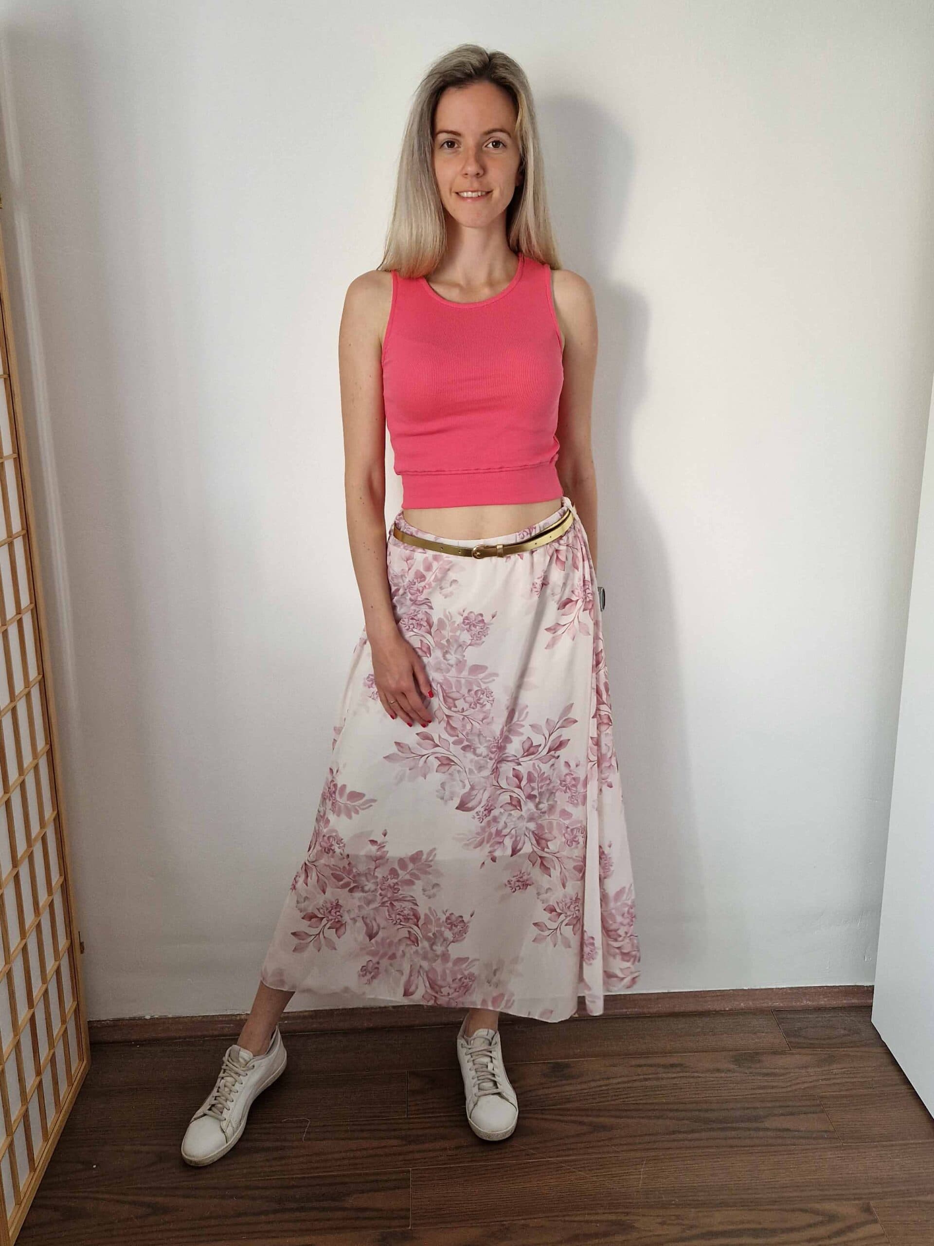 Floral mályva-rózsaszín virágmintás gumis derekú szoknya övvel