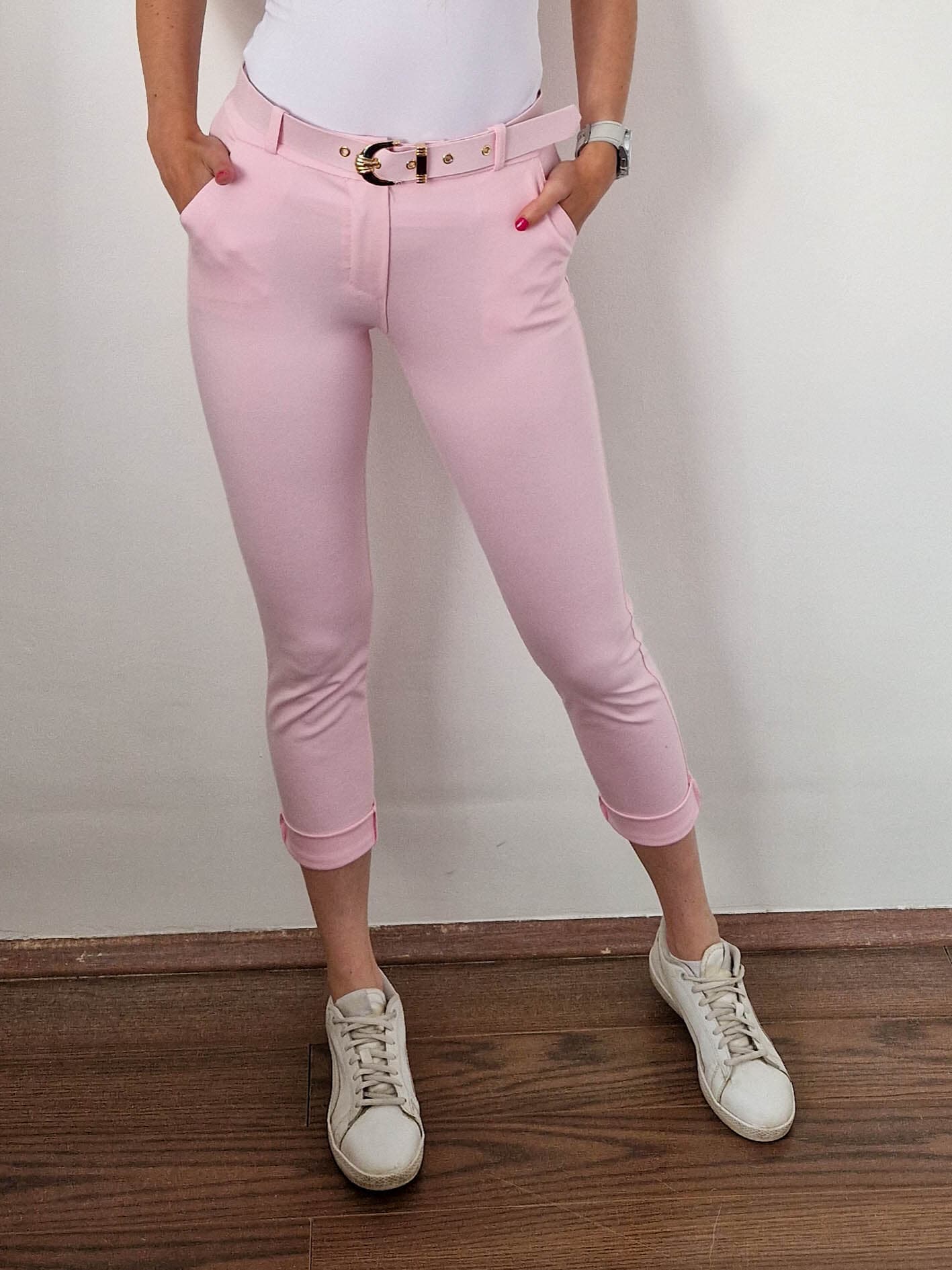 Hallie rózsaszín elegáns elasztikus nadrág megegyező színű övvel