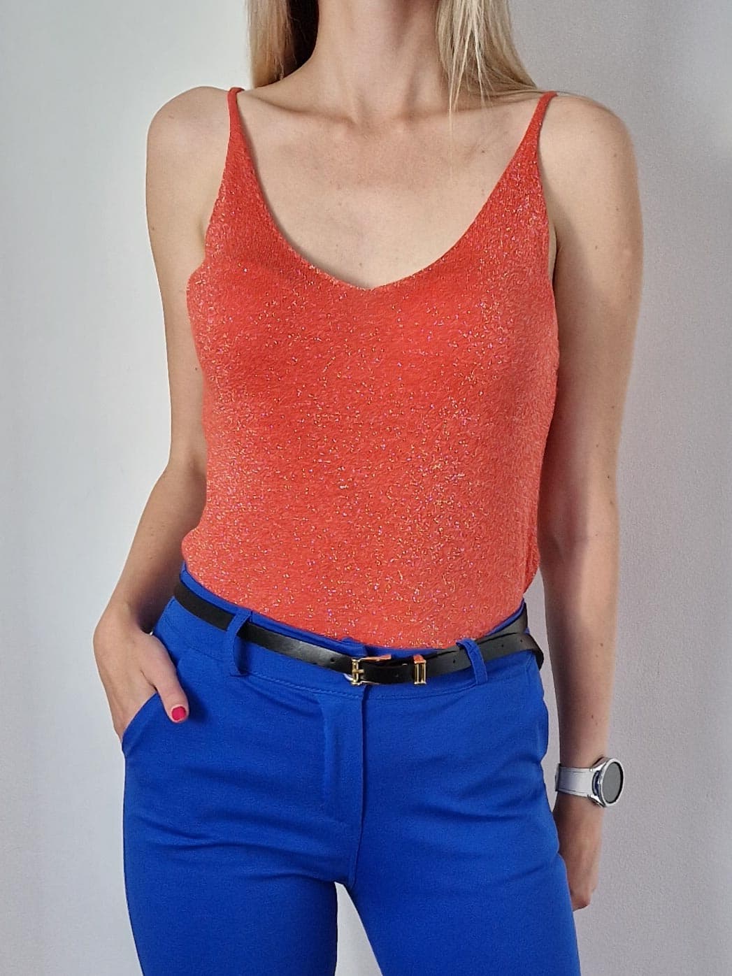 Glim korall ezüst szállal átszőtt puha top