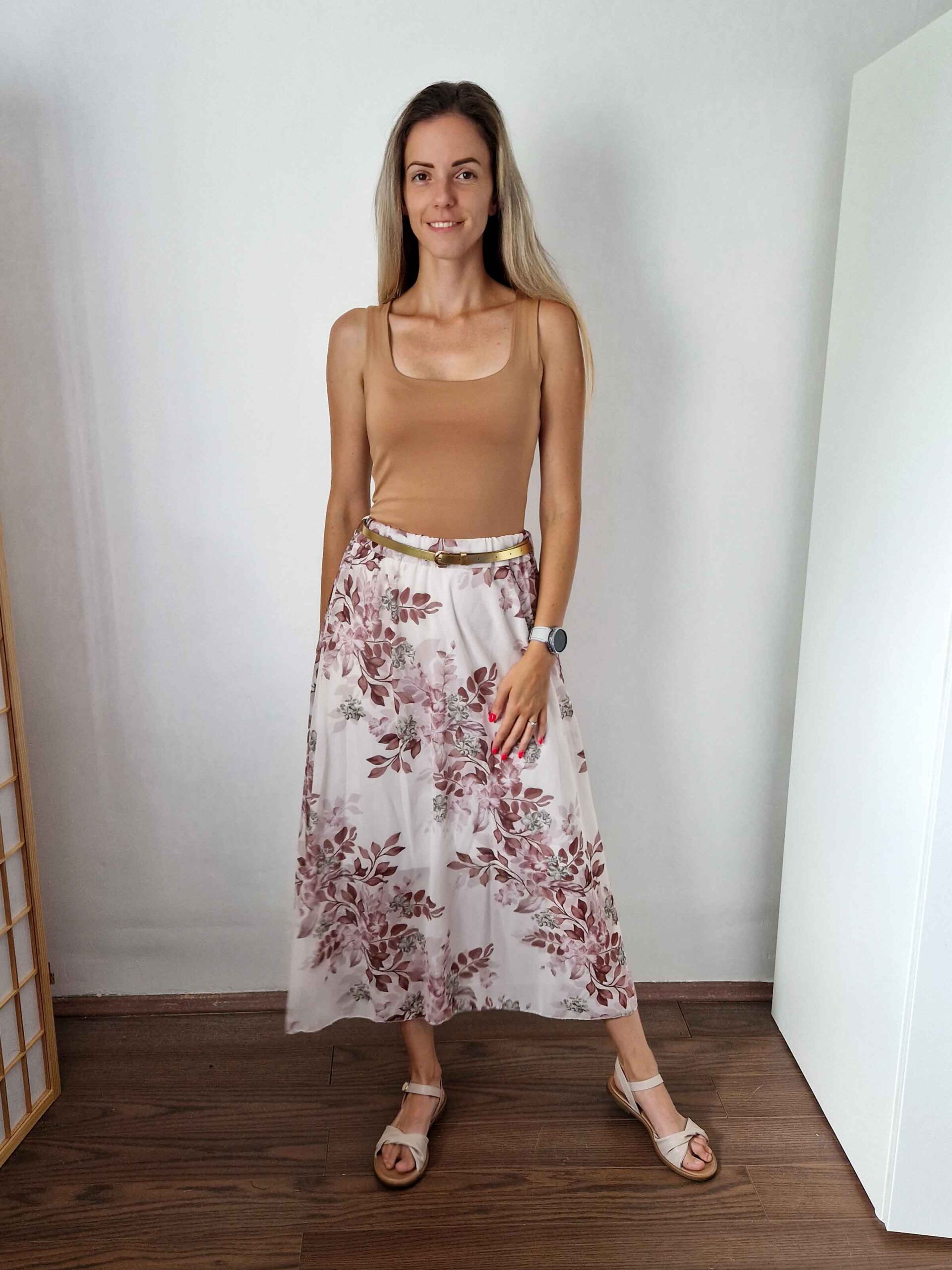 Floral barna virágmintás gumis derekú szoknya övvel