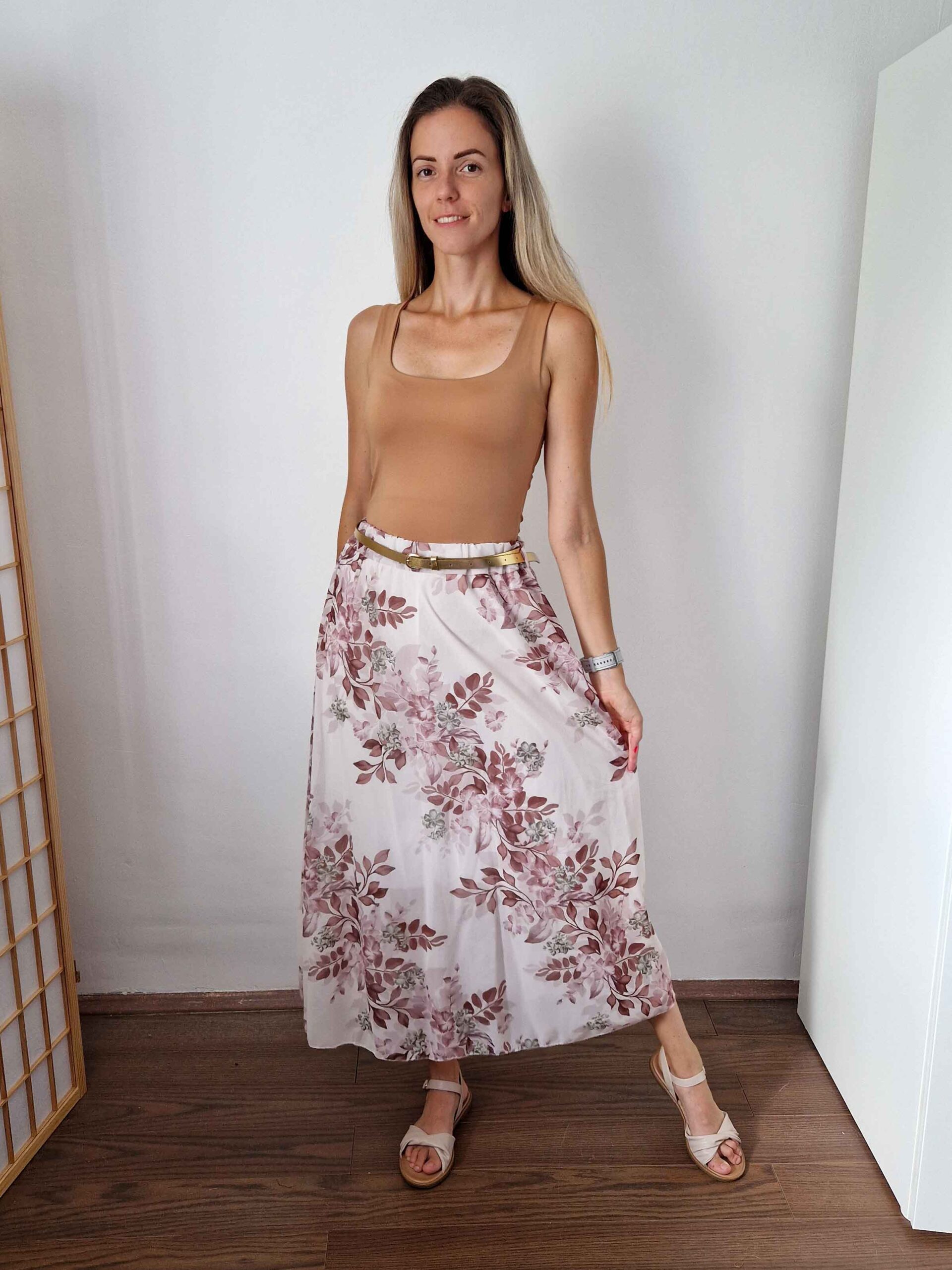 Floral barna virágmintás gumis derekú szoknya övvel