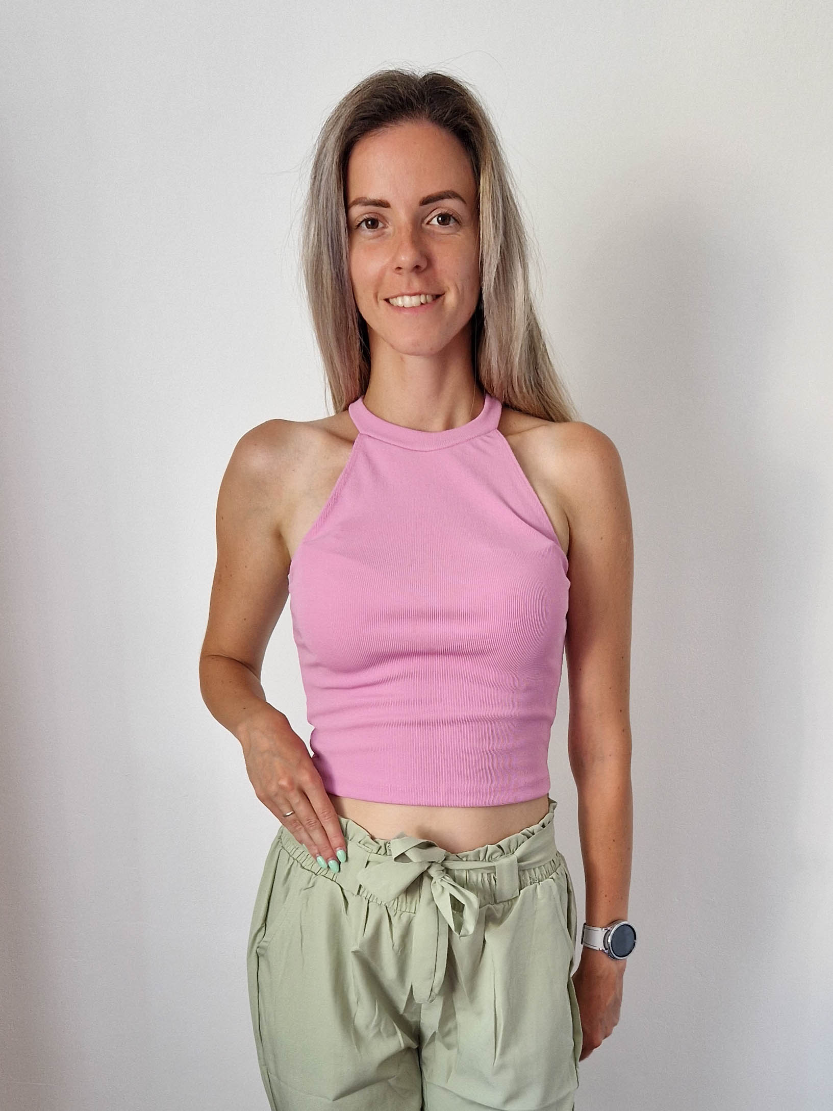 Kate halter nyakú rózsaszín crop top bordázott anyagból
