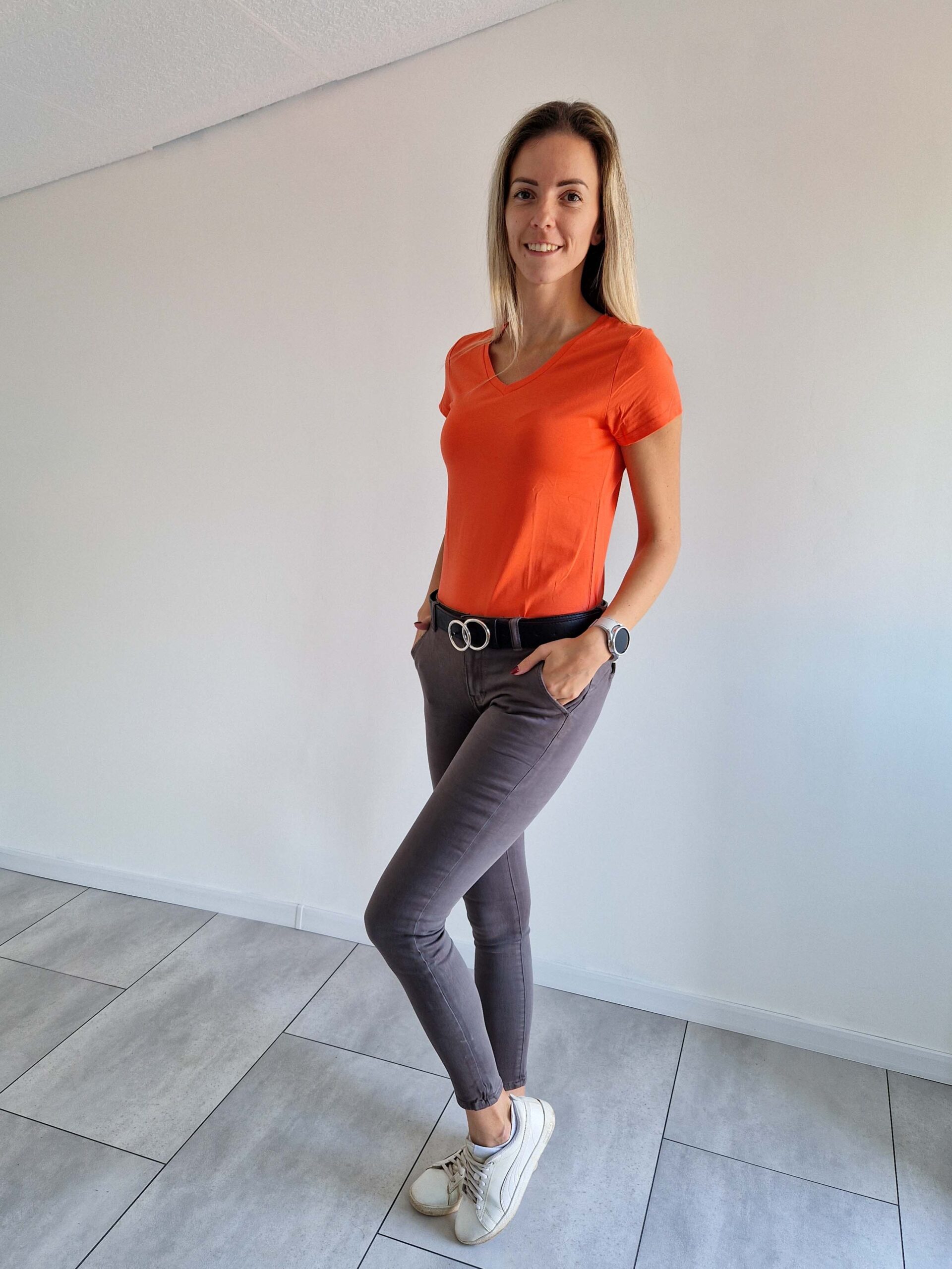 Lilla narancssárga basic V nyakú pamut rövid ujjú felső
