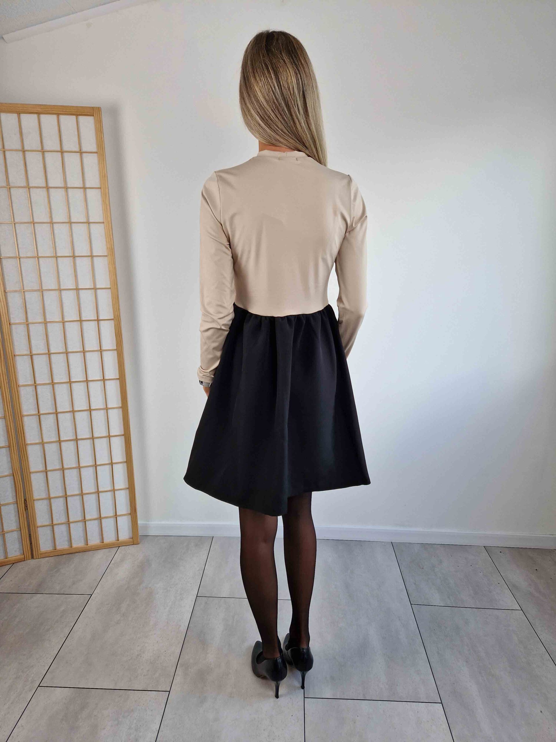 amenda-bezs-ruha-A-vonalu-fekete-szoknyaresszel-3