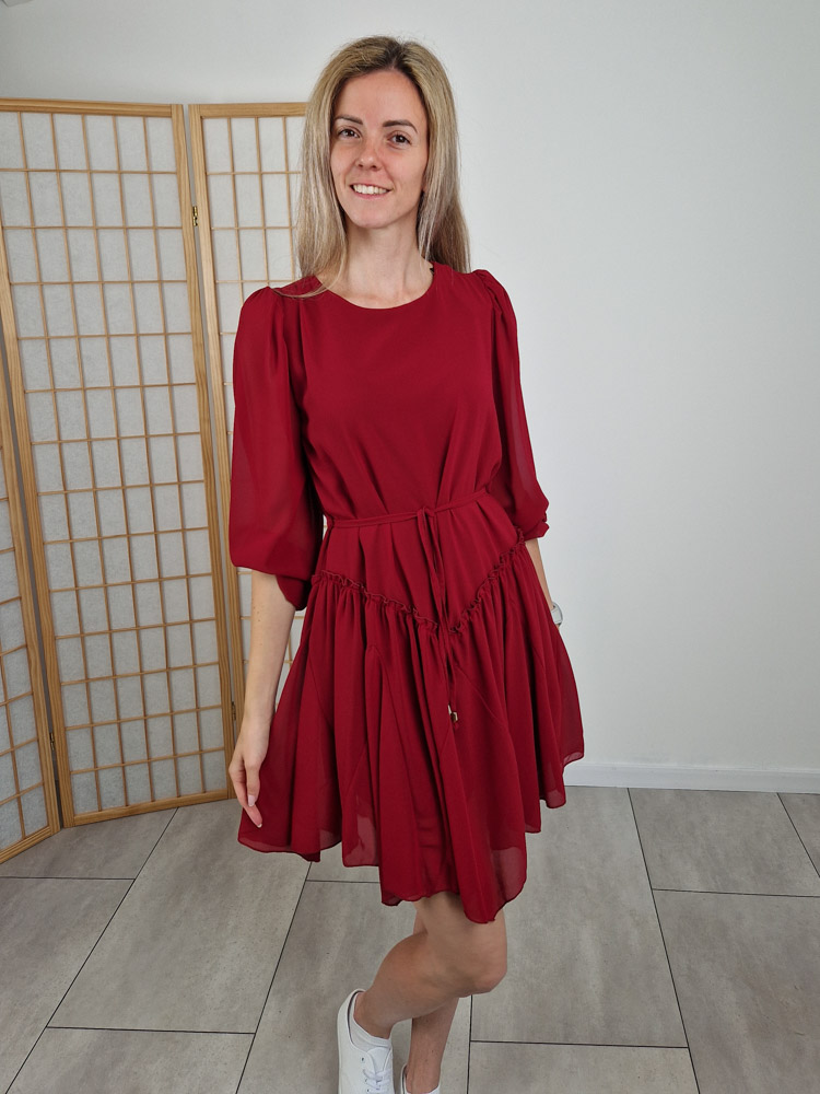 Ari megkötős derekú bordó elegáns ruha