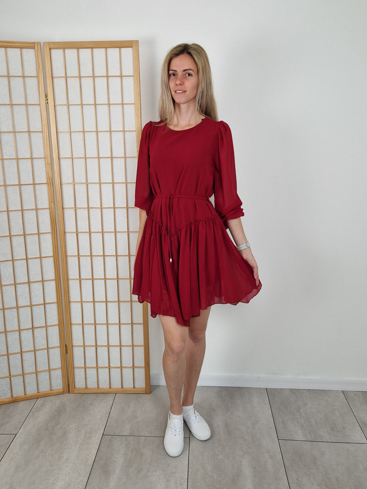 Ari megkötős derekú bordó elegáns ruha