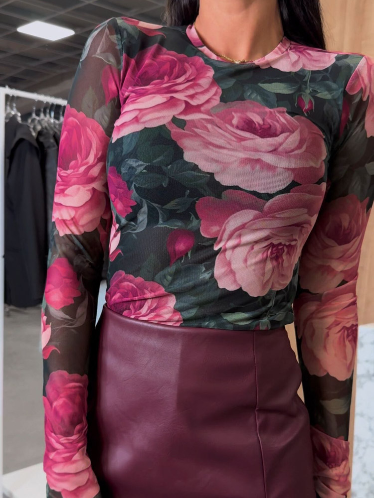 Fleur bordó virágmintás tüll body