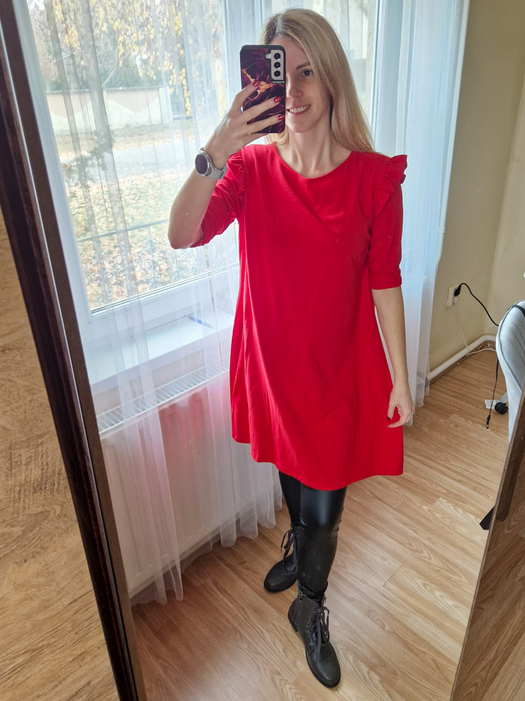 Lotti piros fodros vállú pamut ruha háromnegyedes ujjal