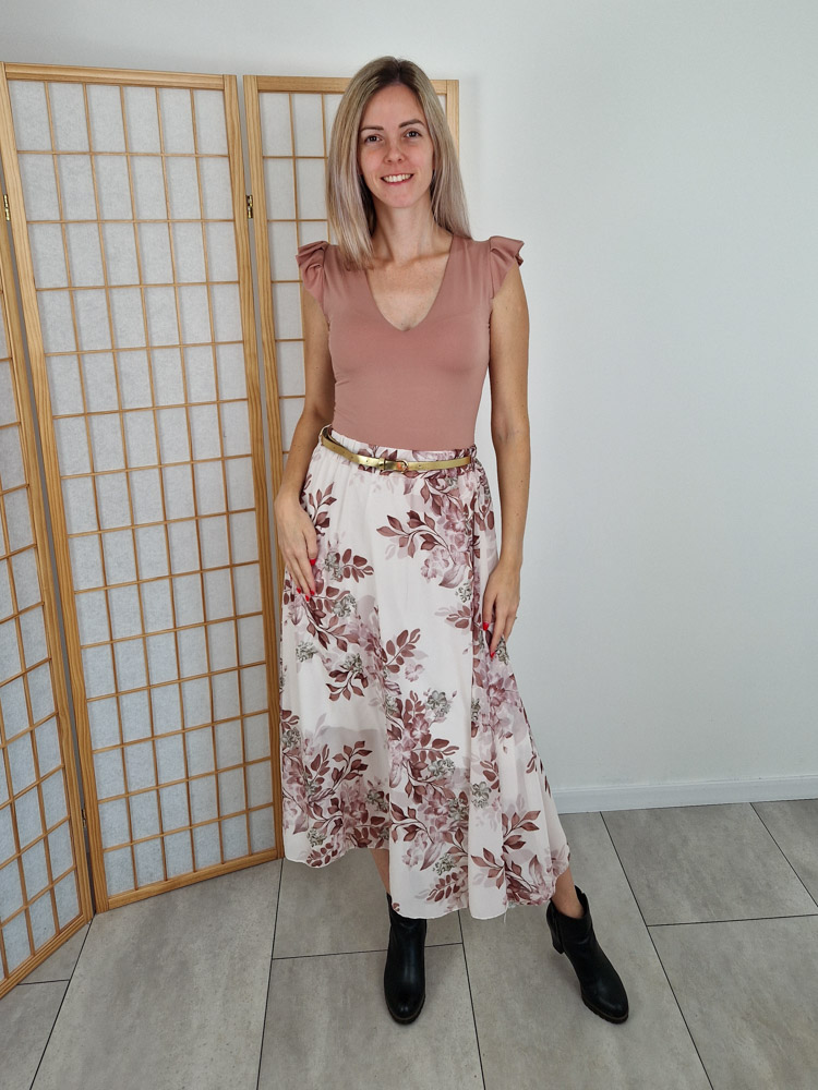 Floral barna virágmintás gumis derekú szoknya övvel