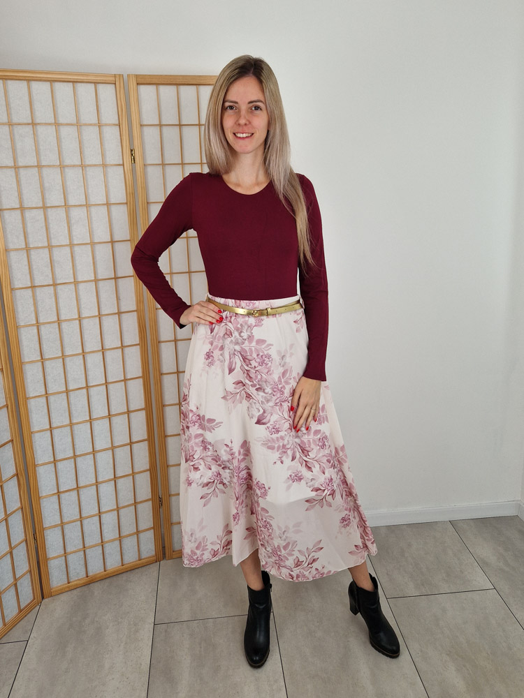 Floral mályva virágmintás gumis derekú szoknya övvel