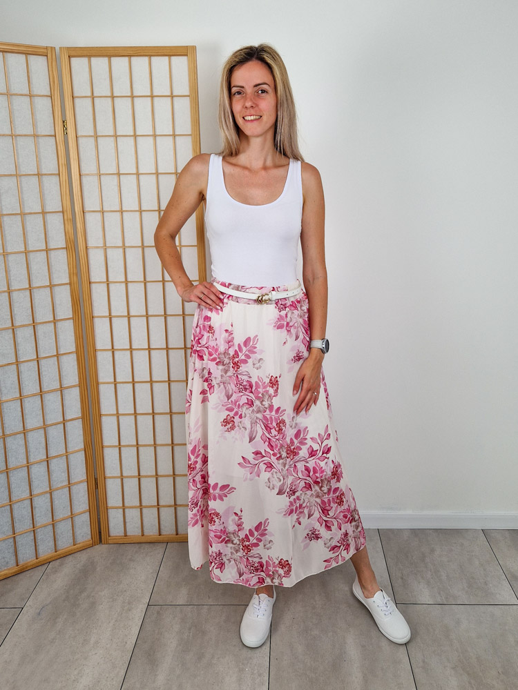 Floral rózsaszín virágmintás gumis derekú szoknya övvel