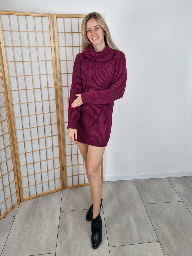Izabella burgundi garbós nyakú kötött pulóverruha/tunika
