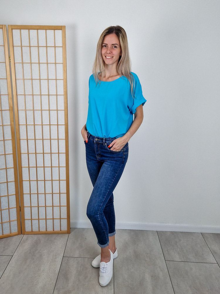 Kati aquakék alul megkötős ejtett vállú felső – oversize