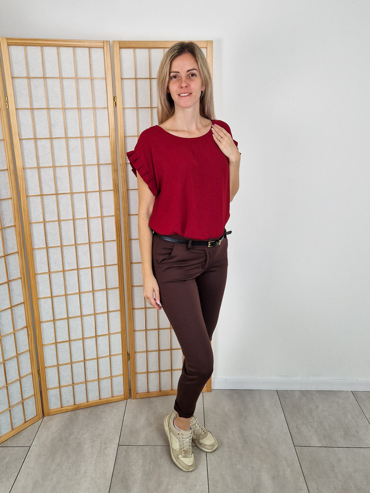 Miru csokibarna elegáns elasztikus nadrág övvel
