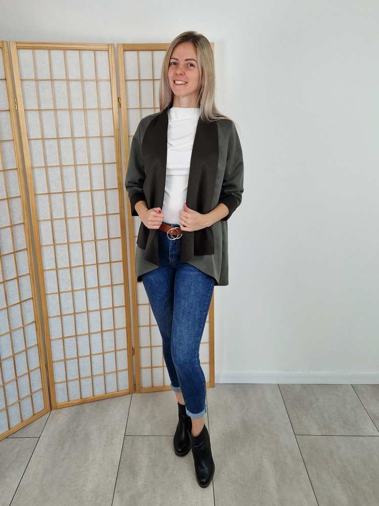 Liora velúrhatású khaki kardigán