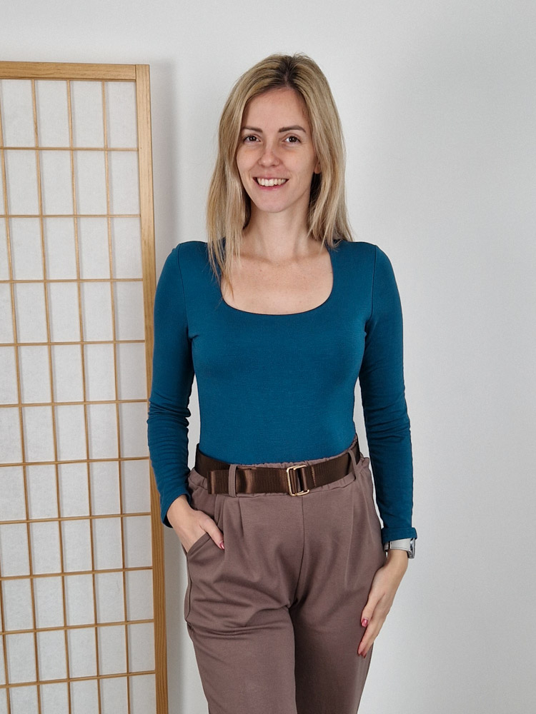 Emma petrol pihe-puha kereknyakú basic felső plüss béléssel XL méretig