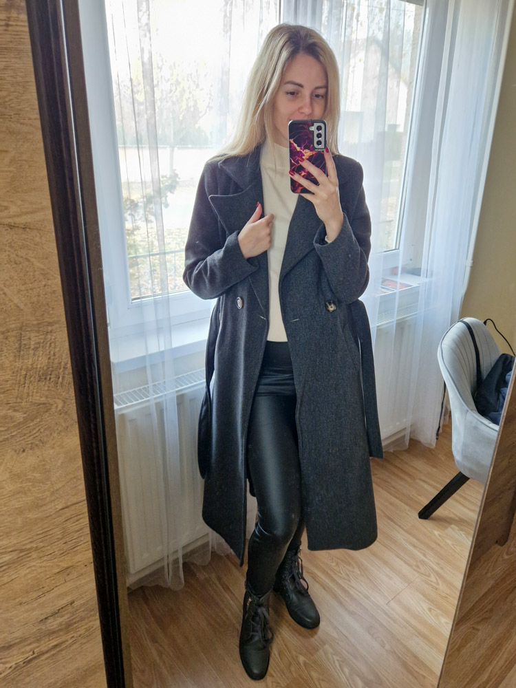 Stylio szürke vékonyan bélelt hosszú szövetkabát zsebekkel