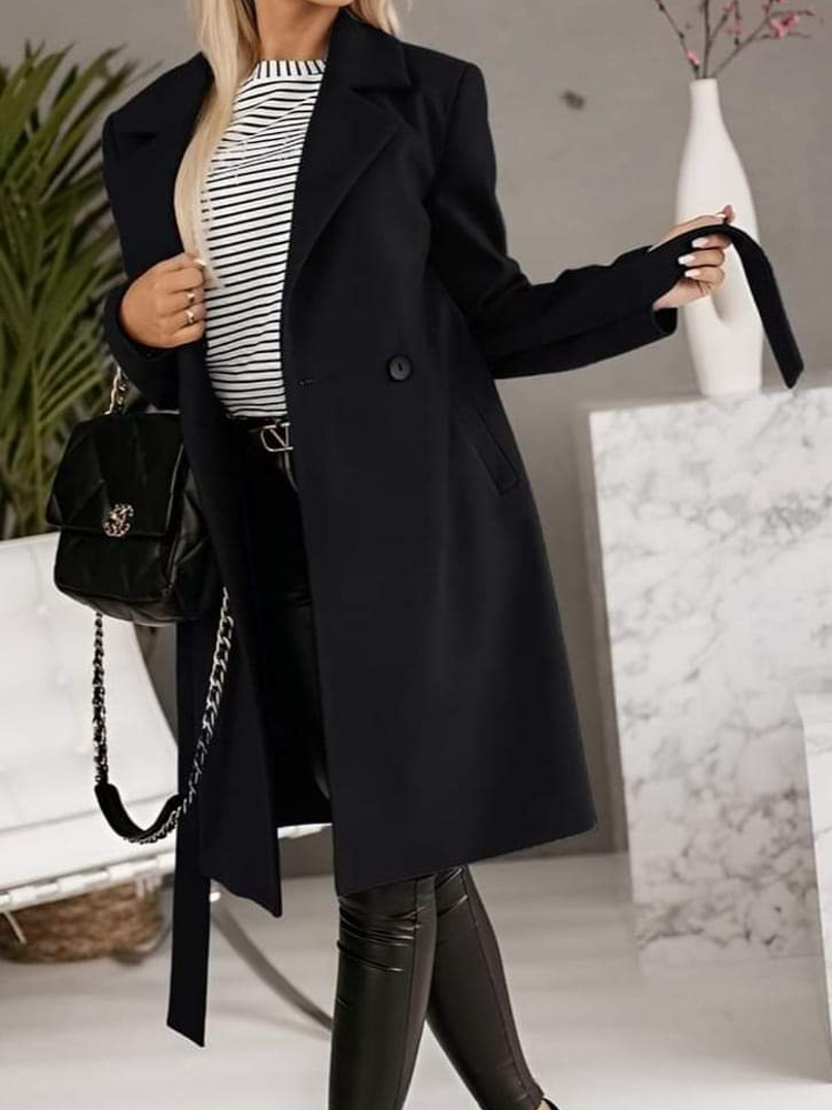 Stylio fekete vékonyan bélelt hosszú szövetkabát zsebekkel