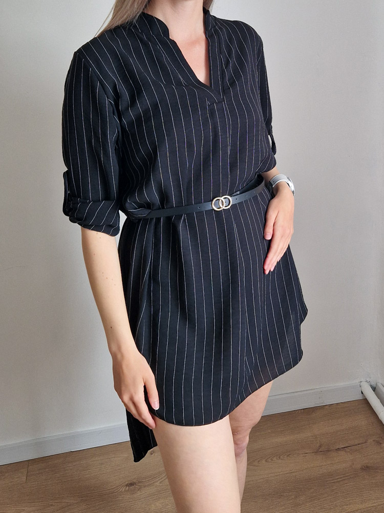 Nikolett fekete csíkos ingruha övvel