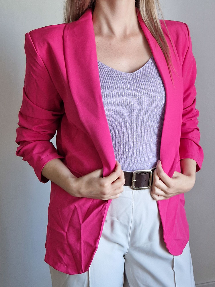 Emese pink oversize női blézer válltöméssel – feltűnő, nőies, modern szabás (egyméretes L-ig)