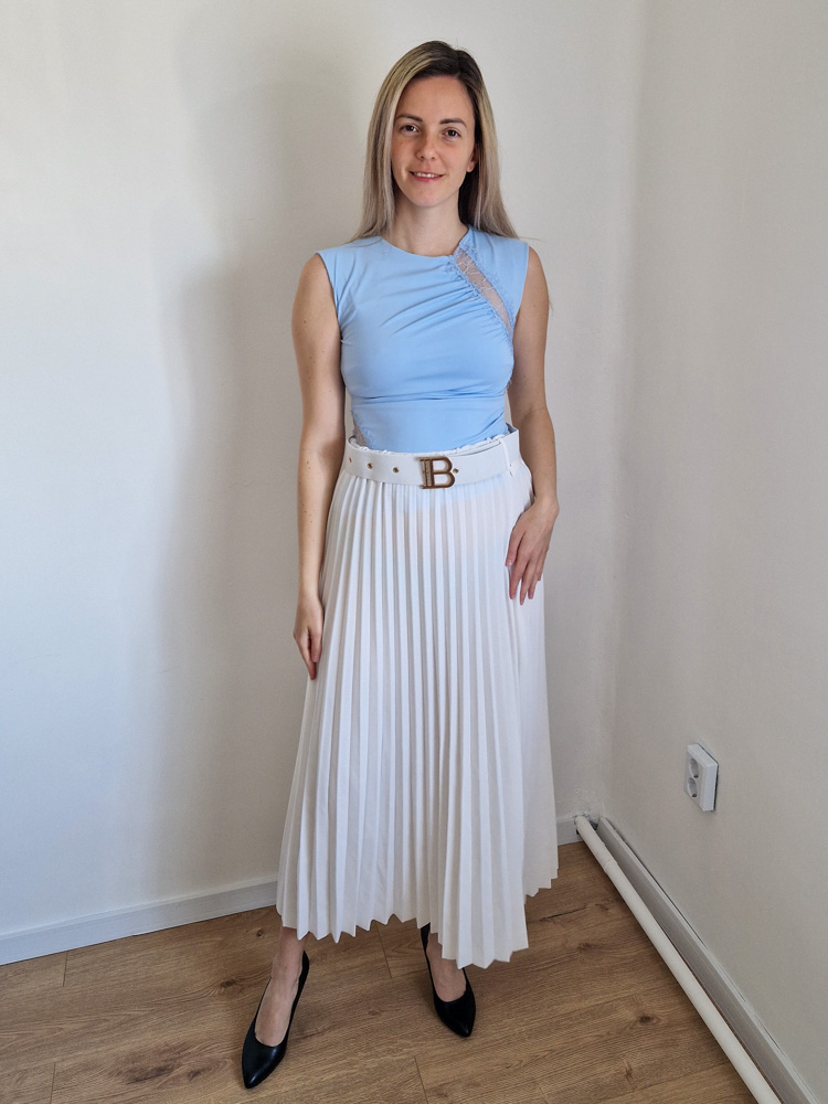 Luxe Rose fehér pliszírozott midi szoknya övvel