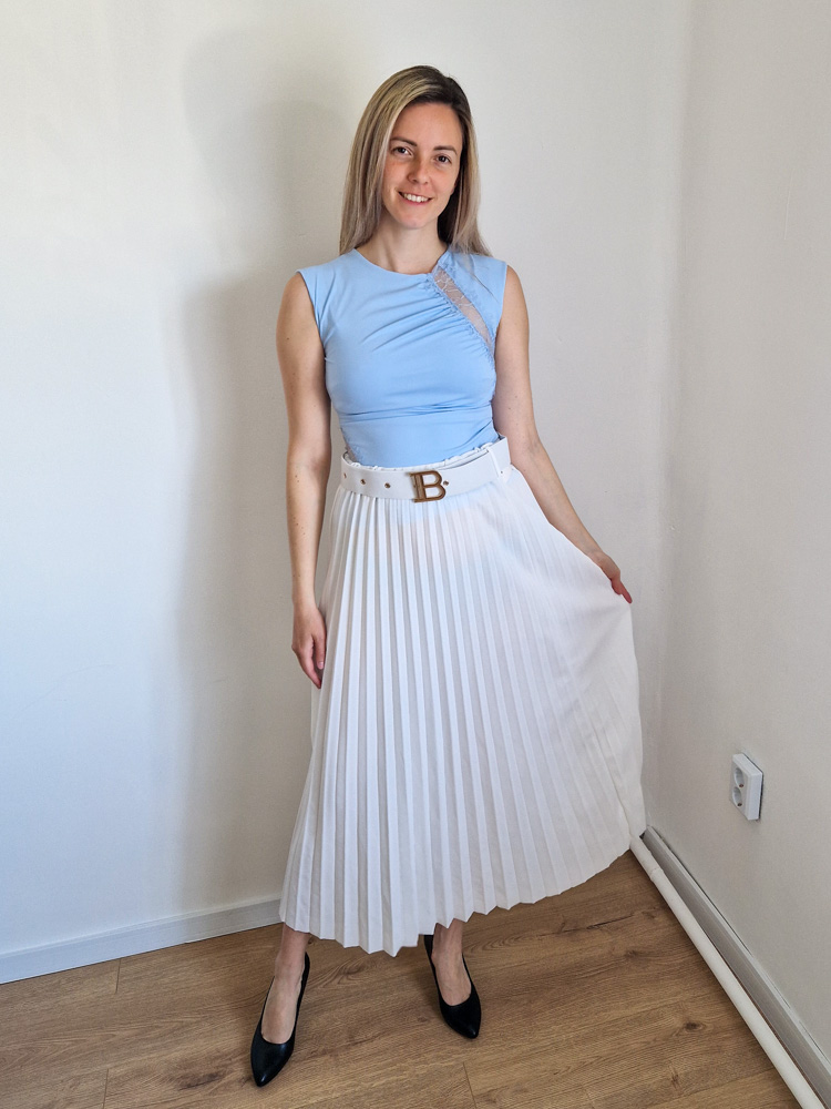 Luxe Rose fehér pliszírozott midi szoknya övvel