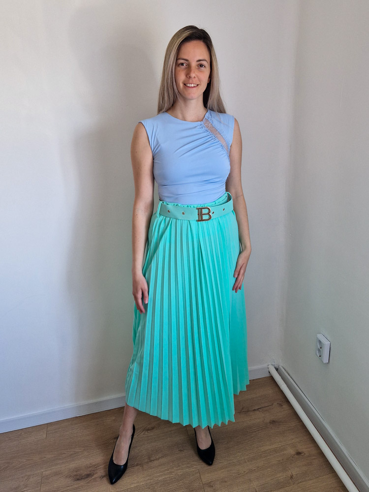 Luxe Rose menta pliszírozott midi szoknya övvel