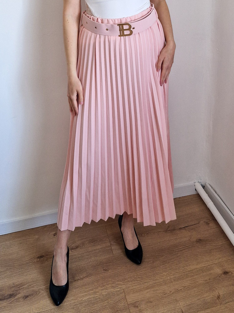 Luxe Rose púderrózsaszín pliszírozott midi szoknya övvel