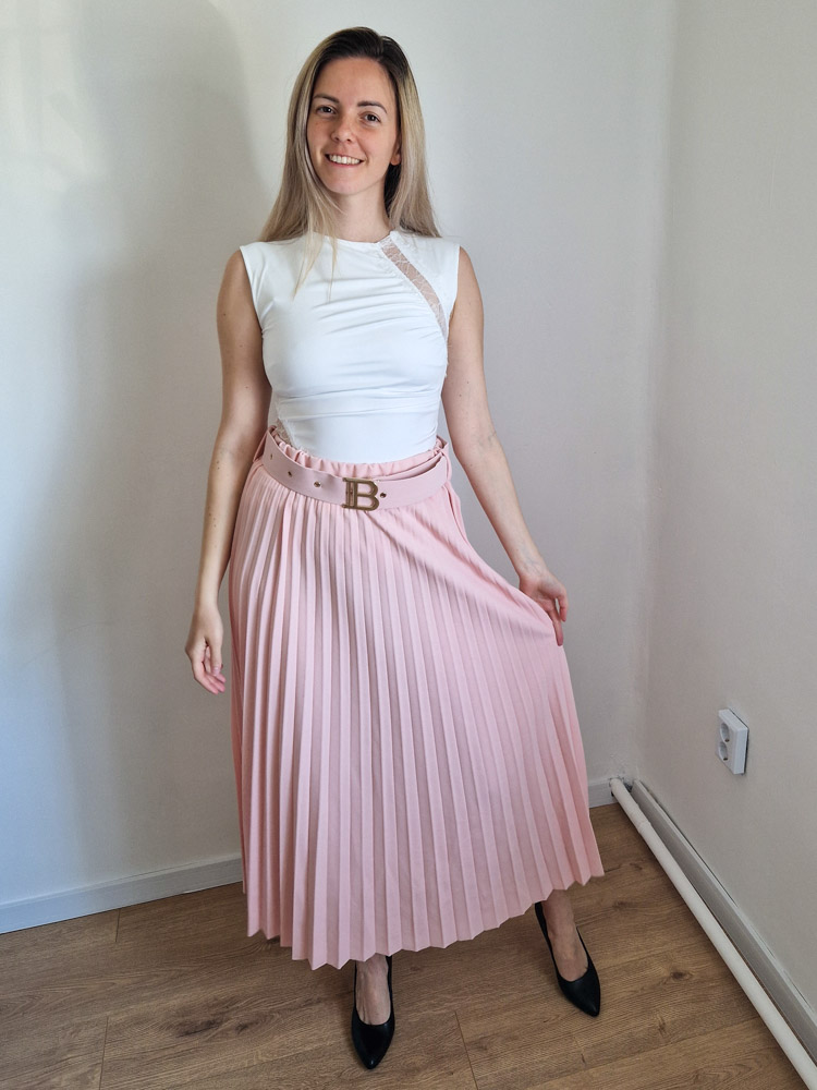 Luxe Rose púderrózsaszín pliszírozott midi szoknya övvel