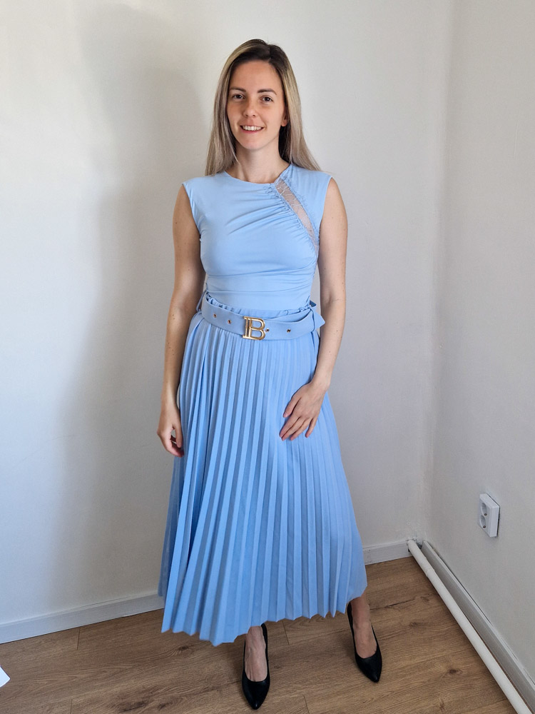 Luxe Rose babakék pliszírozott midi szoknya övvel