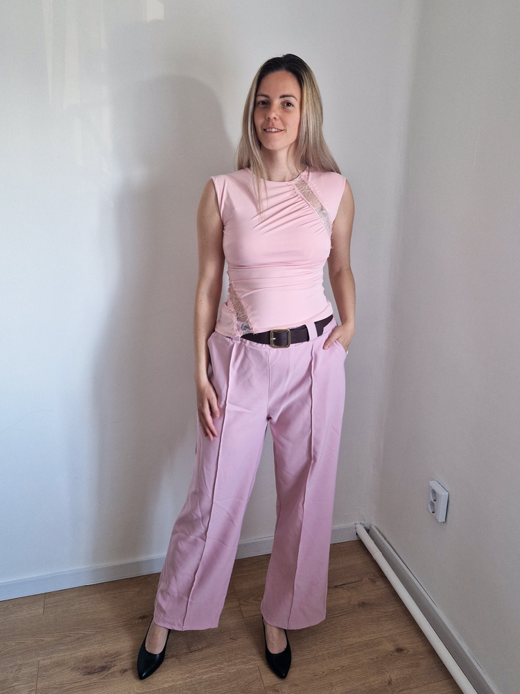 Shape rózsaszín magas derekú bőszárú elegáns női nadrág – karcsúsító fazon, ajándék övvel (XL méretig)