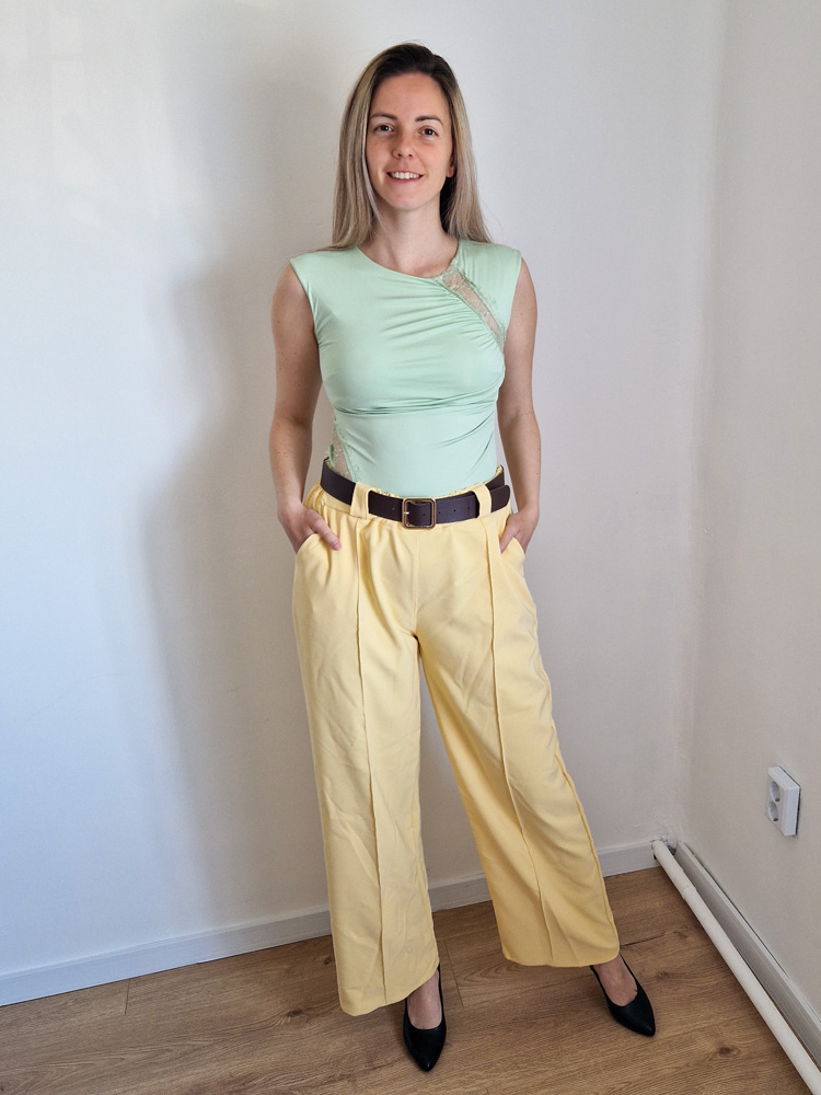 Shape sárga magas derekú bőszárú elegáns női nadrág – karcsúsító fazon, ajándék övvel (XL méretig)
