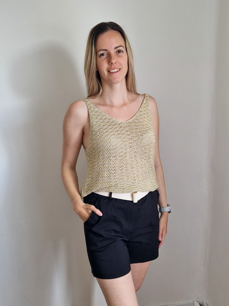 Bali aranybézs kötött viszkóz nyári lurex top – XXL méretig