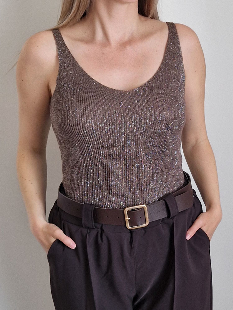 Glitter csokibarna puha lurex top ezüstszállal – elegáns női felső L méretig