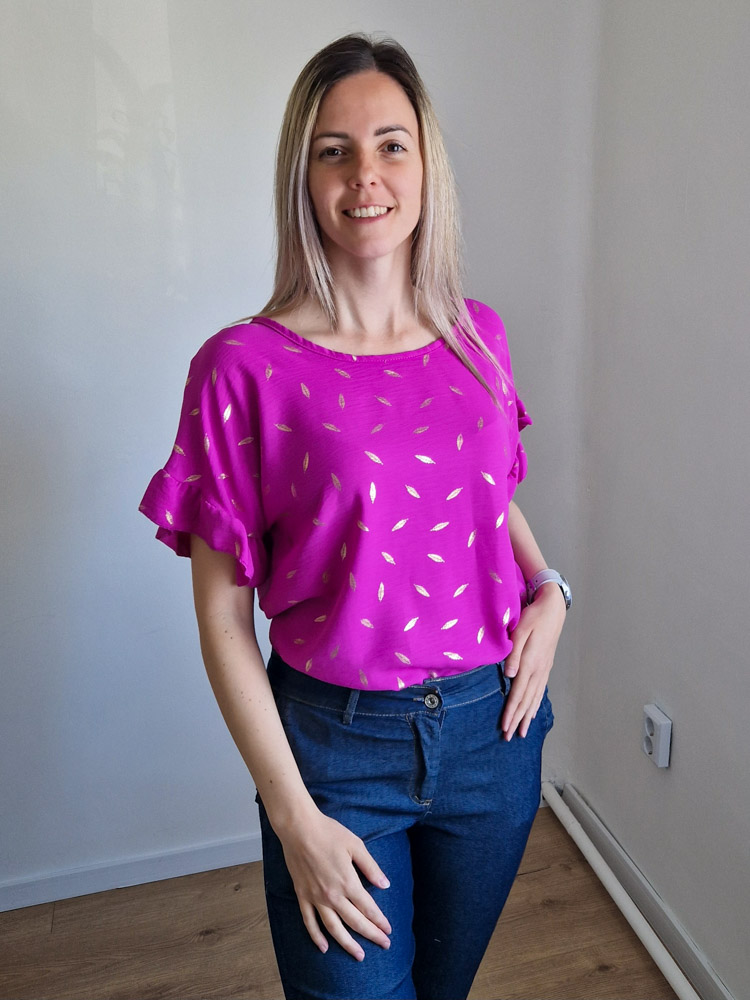 Leaf lila levélmintás oversize fodros vállú felső – XL méretig
