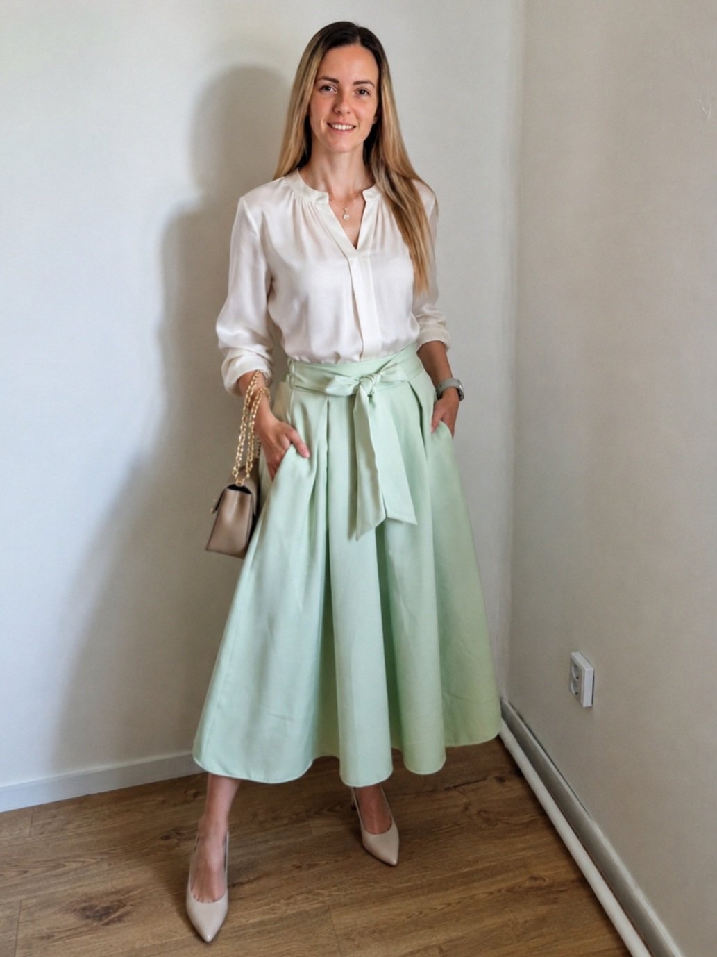 Liza pasztellzöld masnis midi szoknya – S-XL méret